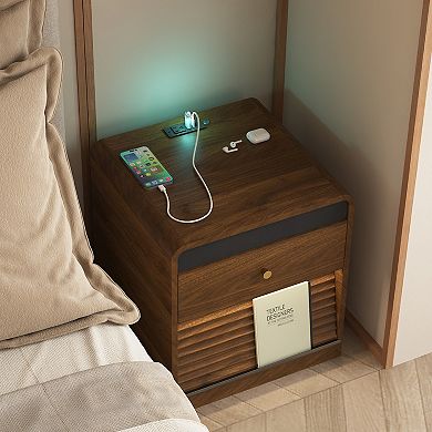 Trikiousd Nightstand with Charging Station, Bedroom Bedside Table with Night Light & Led Light Strip