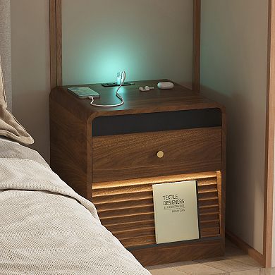 Trikiousd Nightstand with Charging Station, Bedroom Bedside Table with Night Light & Led Light Strip