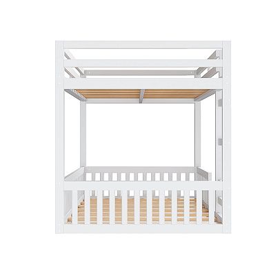 Trikiousd Full Over Full Bunk Bed Kids Solid Wood Floor Bunk Bed Frame with Ladder & Guardrail