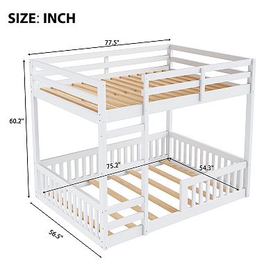 Trikiousd Full Over Full Bunk Bed Kids Solid Wood Floor Bunk Bed Frame with Ladder & Guardrail