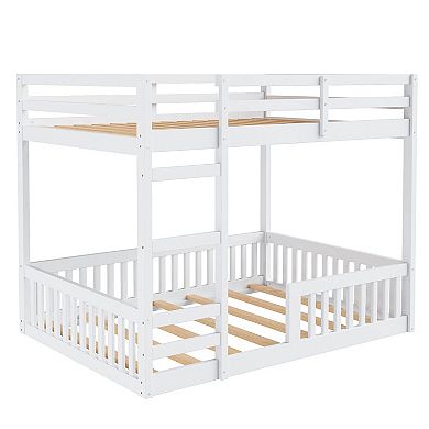 Trikiousd Full Over Full Bunk Bed Kids Solid Wood Floor Bunk Bed Frame with Ladder & Guardrail