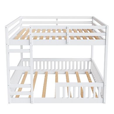Trikiousd Full Over Full Bunk Bed Kids Solid Wood Floor Bunk Bed Frame with Ladder & Guardrail