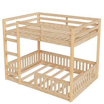 Trikiousd Full Over Full Bunk Bed Kids Solid Wood Floor Bunk Bed Frame with Ladder & Guardrail