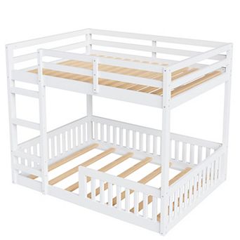 Trikiousd Full Over Full Bunk Bed Kids Solid Wood Floor Bunk Bed Frame with Ladder & Guardrail