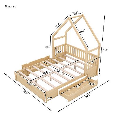 Trikiousd Queen Size Platform Bed Wood House Shaped Bedframe with 2 Drawers, Slat Support