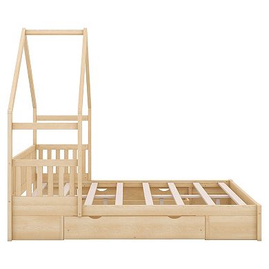 Trikiousd Queen Size Platform Bed Wood House Shaped Bedframe with 2 Drawers, Slat Support