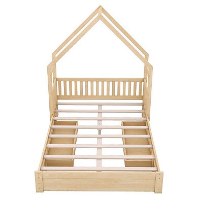 Trikiousd Queen Size Platform Bed Wood House Shaped Bedframe with 2 Drawers, Slat Support