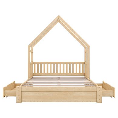 Trikiousd Queen Size Platform Bed Wood House Shaped Bedframe with 2 Drawers, Slat Support
