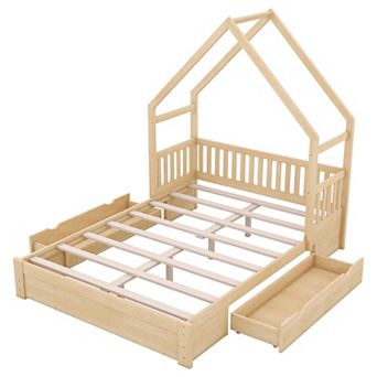 Trikiousd Queen Size Platform Bed Wood House Shaped Bedframe with 2 Drawers, Slat Support