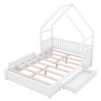 Trikiousd Queen Size Platform Bed Wood House Shaped Bedframe with 2 Drawers, Slat Support