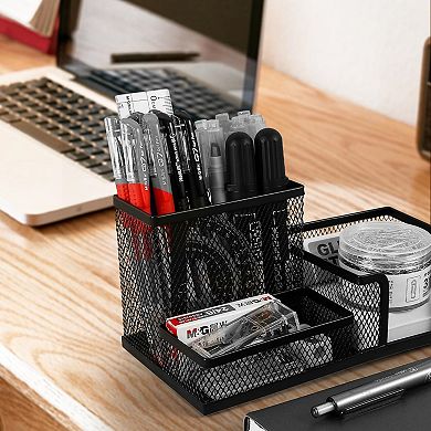 Black 3-Slot Mesh Metal Pen Holder