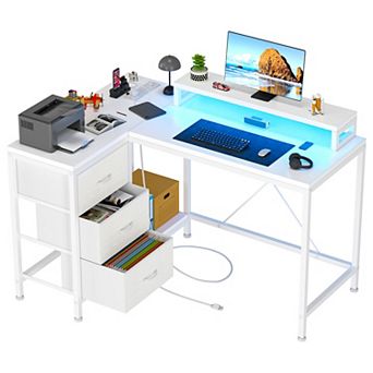 Reversible L Shaped Desk w/Power Outlet & 3 Drawer Computer Desk w/Led Lights Home Office Desk