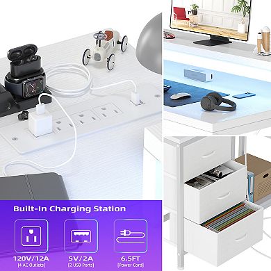 Reversible L Shaped Desk w/Power Outlet & 3 Drawer Computer Desk w/Led Lights Home Office Desk