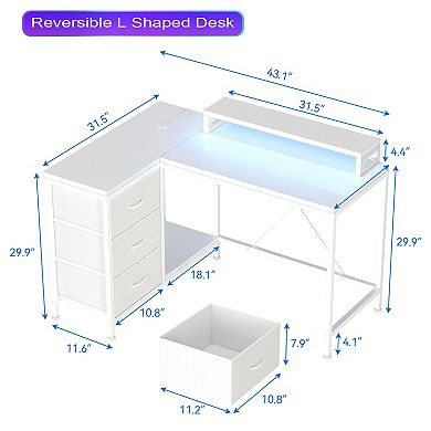 Reversible L Shaped Desk w/Power Outlet & 3 Drawer Computer Desk w/Led Lights Home Office Desk