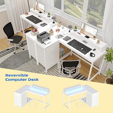 Reversible L Shaped Desk w/Power Outlet & 3 Drawer Computer Desk w/Led Lights Home Office Desk