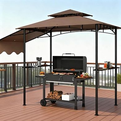 Outdoor Grill Gazebo Shelter with Side Awning, Shelves & Hooks BBQ Canopy for Patio & Backyard