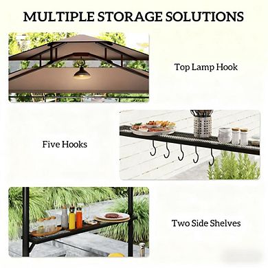 Outdoor Grill Gazebo Shelter with Side Awning, Shelves & Hooks BBQ Canopy for Patio & Backyard