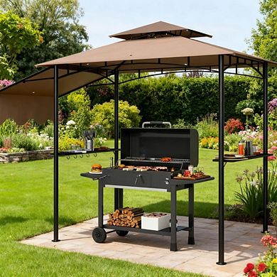 Outdoor Grill Gazebo Shelter with Side Awning, Shelves & Hooks BBQ Canopy for Patio & Backyard