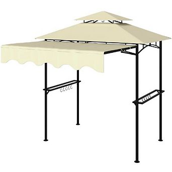 Outdoor Grill Gazebo Shelter with Side Awning, Shelves & Hooks BBQ Canopy for Patio & Backyard