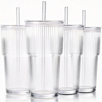 4 pc 20oz Ribbed Glass Tumbler with Lid and Straw