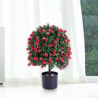 21 in Artificial Rose Topiary Ball Tree Faux Boxwood Potted Plant w/Flowers for Outdoor Indoor