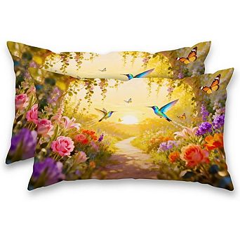 Spring Lumbar Throw Pillow Covers Set, Satin Bird Butterfly Floral Cases