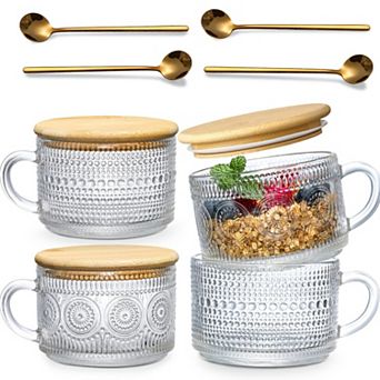 4 pc Vintage Embossed Glass Cup with Lid