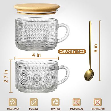 4Pcs Vintage Embossed Glass Cup with Lid