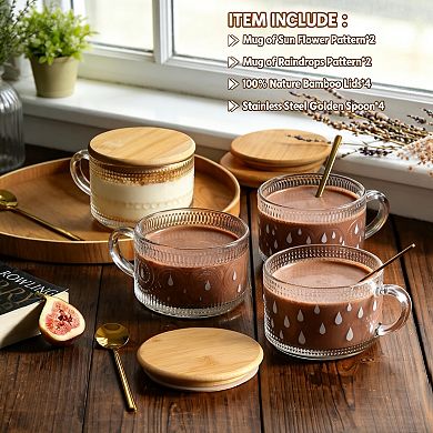 4Pcs Vintage Embossed Glass Cup with Lid