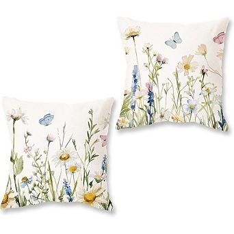 Spring Floral Butterfly Throw Pillow Covers Set, Watercolor Farmhouse Cushion Cases