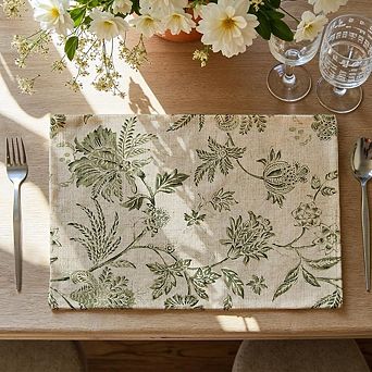 Linen Floral Placemats Set, Washable Rustic Table Mats