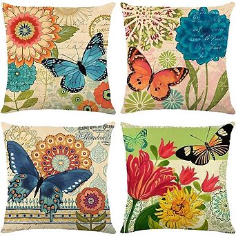 Spring Linen Pillow Covers Set Durable Floral Butterfly Sofa Couch Decor