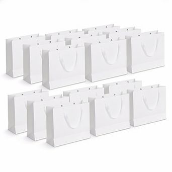 12 White Medium Gift Bags with Ribbon Handles, Includes Tissue for Parties, Wedding Holiday Gifting