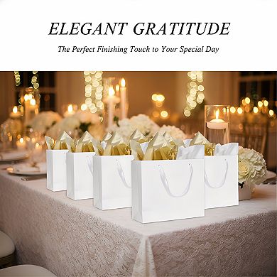 12 White Medium Gift Bags with Ribbon Handles, Includes Tissue for Parties, Wedding Holiday Gifting