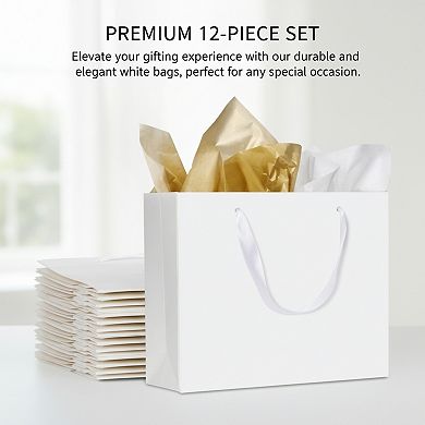 12 White Medium Gift Bags with Ribbon Handles, Includes Tissue for Parties, Wedding Holiday Gifting