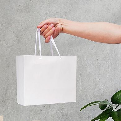 12 White Medium Gift Bags with Ribbon Handles, Includes Tissue for Parties, Wedding Holiday Gifting