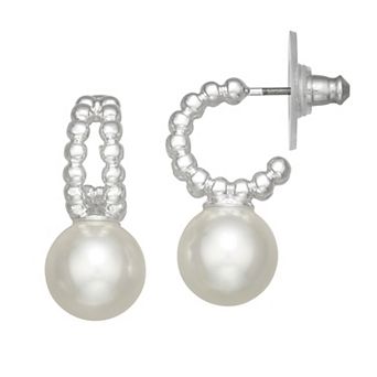 You're Invited Silver Tone Simulated Pearl Hoop Drop Earrings