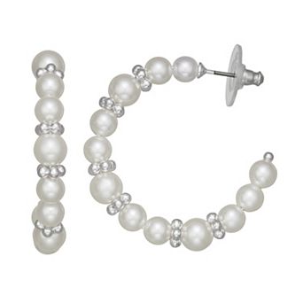 You're Invited Silver Tone Simulated Pearl C-Hoop Earrings