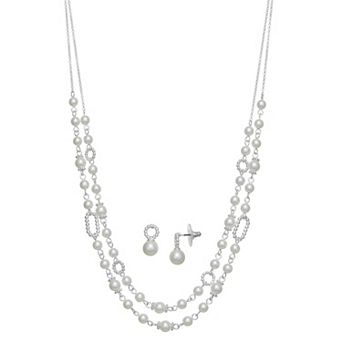 You're Invited Silver Tone Simulated Pearl Layered Necklace & Earrings Set