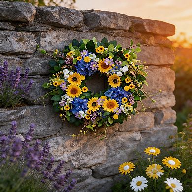 Sunflower Blue Hydrangea Spring Wreath