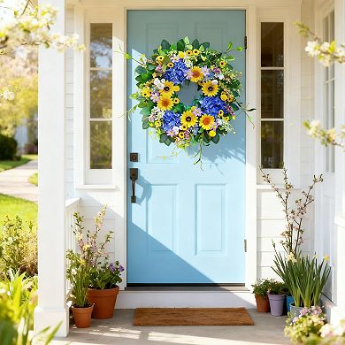 Sunflower Blue Hydrangea Spring Wreath