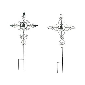 Set of 2 Bronze Finished Scroll Design Metal Garden Stakes With Wind Bells