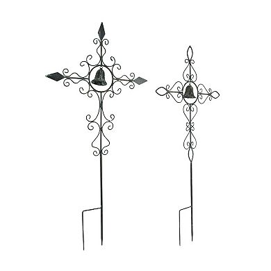 Set of 2 Bronze Finished Scroll Design Metal Garden Stakes With Wind Bells