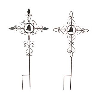 Set of 2 Aged Copper Finished Scroll Design Metal Garden Stakes With Wind Bells