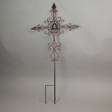 Set of 2 Aged Copper Finished Scroll Design Metal Garden Stakes With Wind Bells