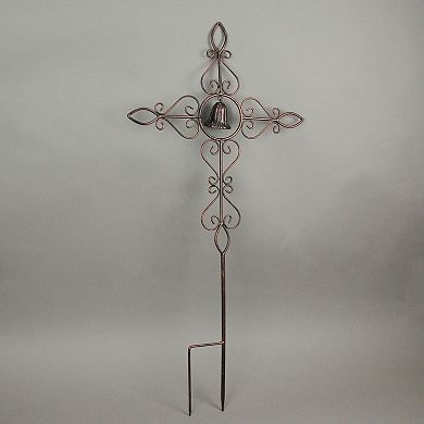 Set of 2 Aged Copper Finished Scroll Design Metal Garden Stakes With Wind Bells