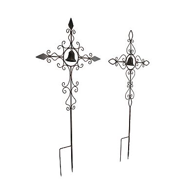 Set of 2 Aged Copper Finished Scroll Design Metal Garden Stakes With Wind Bells