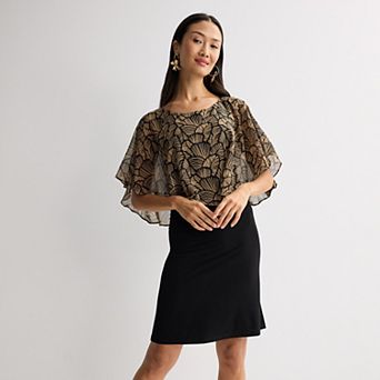 Women's Connected Apparel Printed Chiffon Curved Poncho Over Dress