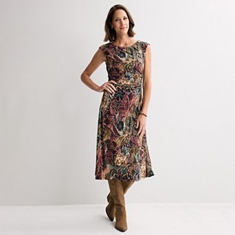 Women's Connected Apparel Printed Cap Sleeve Side Ruched Midi Dress
