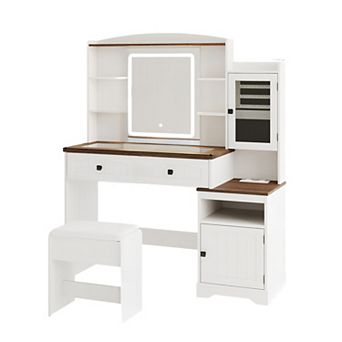 Makeup Vanity Desk with Glass Top, 2 Drawers + 2 Cabinets, Vanity Table with Lighted LED Mirror